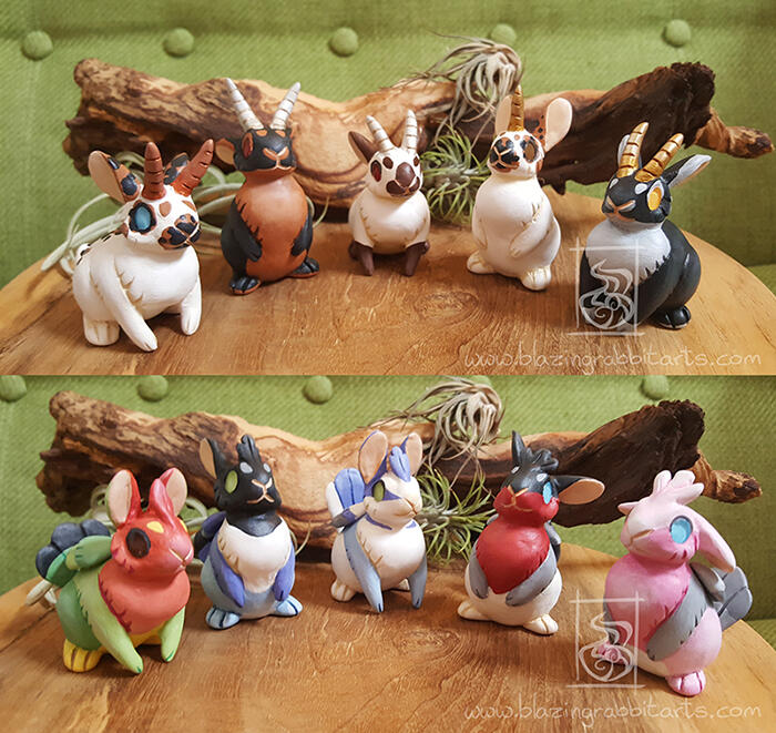 Jackalopes and Skvaders Sculptures of different Jackalopes and Skvaders in various bird and rabbit colors.