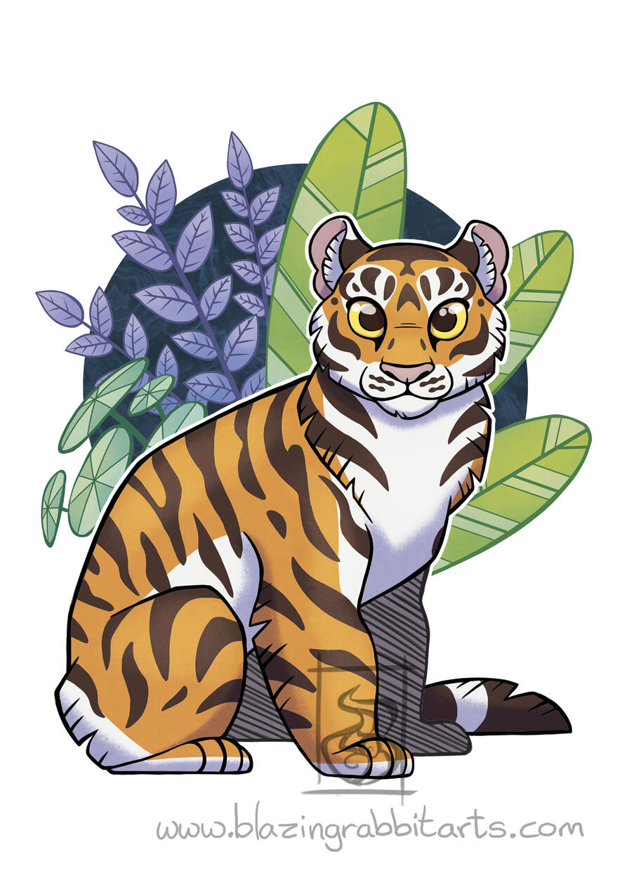 Tiger Plants Illustration of a tiger sitting in front of some plants.